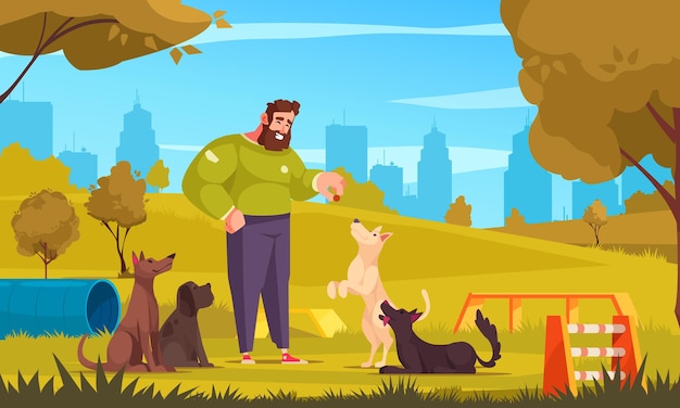 Concetto del fumetto del campo da giuoco del cane con i cagnolini di addestramento dell'uomo fuori dall'illustrazione di vettore