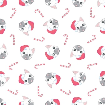 Dog seamless pattern christmas vector french bulldog santa claus xmas hat candy cane scarf cartoon illustration isolated tile background