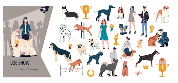 Vettore gratuito la composizione colorata piatta della mostra canina con le razze di cani premia i proprietari con l'illustrazione vettoriale degli animali domestici