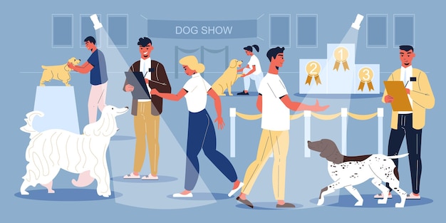 Бесплатное векторное изображение Участники выставки собак и их владельцы в комнате с прожекторами и плоской иллюстрацией пустого постамента