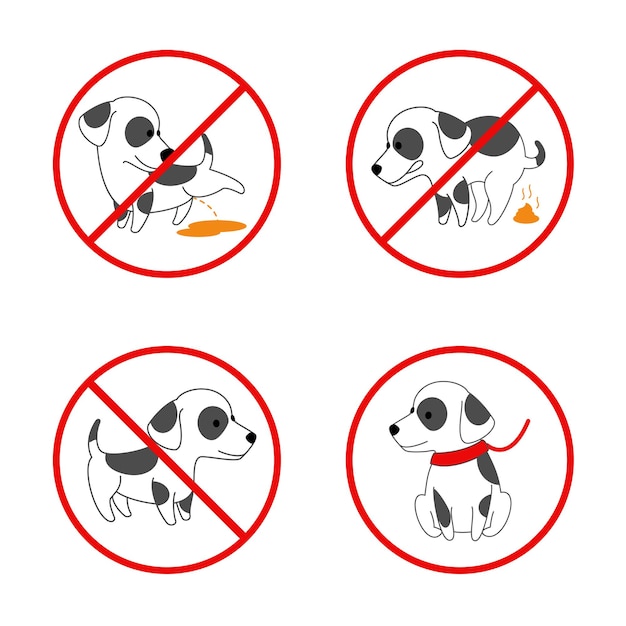 犬の兆候。犬も放尿犬も犬のうんちもありません。動物の禁止標識のセット。図