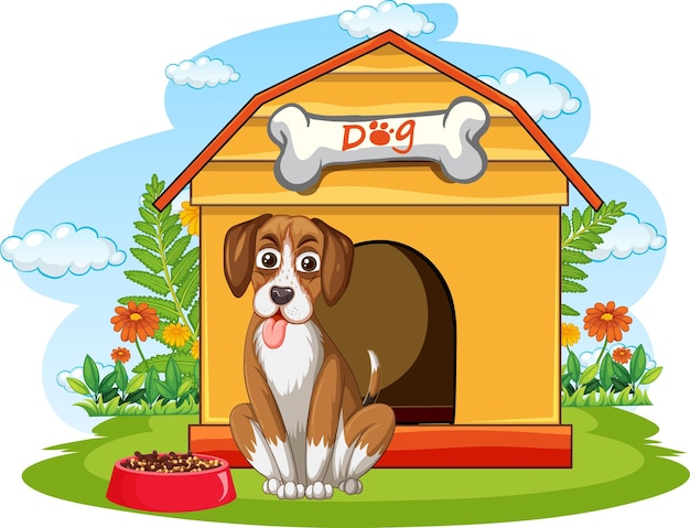 Dog sitting in front of doghouse