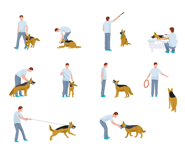 Dog training illustrations set Man playing with German shepherd walking with pet
