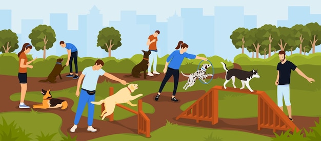 Плоская композиция на игровой площадке для дрессировки собак с горизонтальным городским пейзажем и несколькими владельцами собак, тренирующими своих собак, иллюстрация