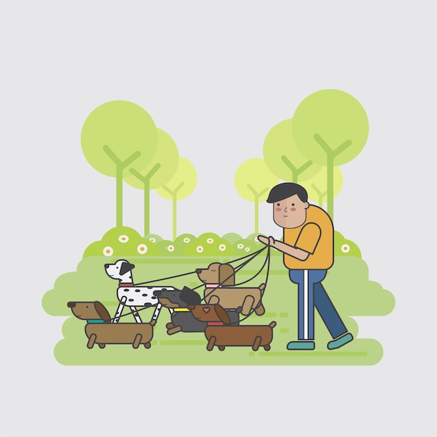 Free vector dog walker walking a pack of dogs