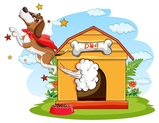 Free vector dog with red cape flying out of doghouse