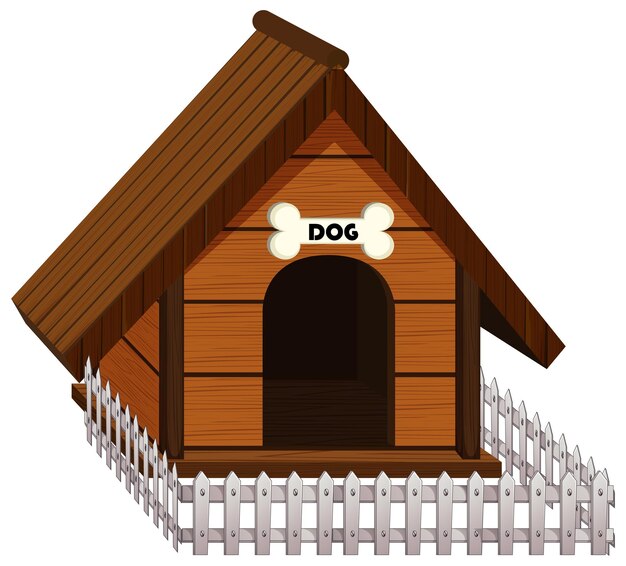 Doghouse made of wood with white fence