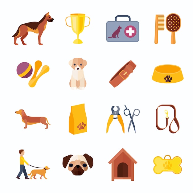Dogs breeds flat icons collection with veterinary kit and prize winner toy bone abstract isolated vector illustration