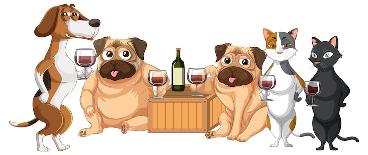 Free Vector dogs and cats drinking wine together