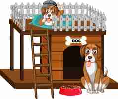 Free vector dogs and doghouse made of wood