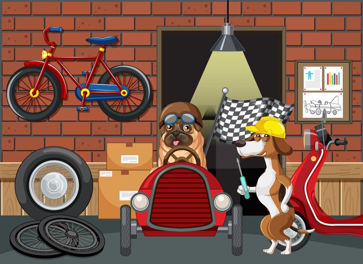 मुफ़्त वेक्टर dogs repairs car in garage