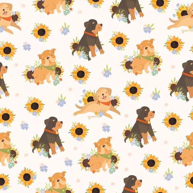 Dogs seamless pattern in sunflowers