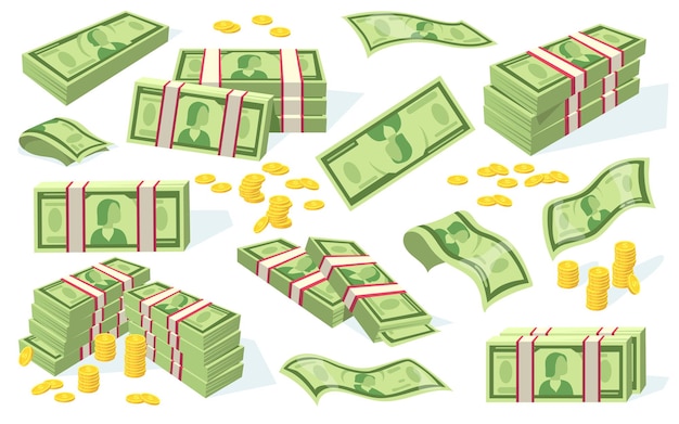 Dollar bills and coins set. Piles of cash, stacks of green paper banknotes isolated on white. Flat Illustration