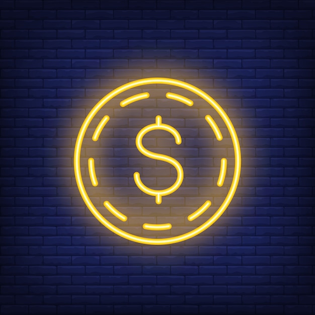 Free vector dollar coin on brick background. neon style illustration. money, cash, wealth.