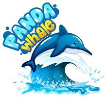 Dolphin cartoon character with panda whale font banner isolated