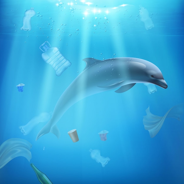 Dolphin and pollution in the sea realistic illustration