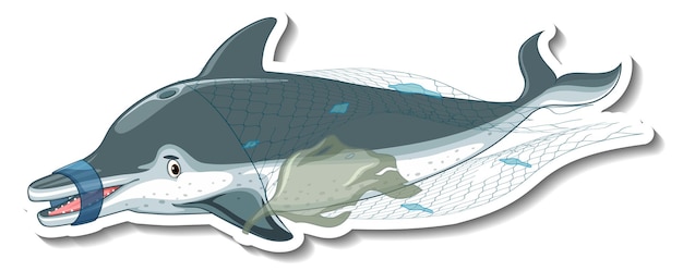 Free vector dolphin stuck in plastic net on white background