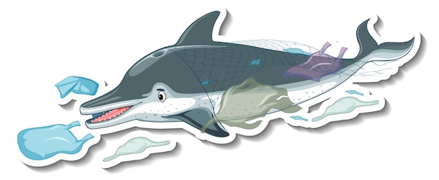 Free vector dolphin stuck in plastic net on white background