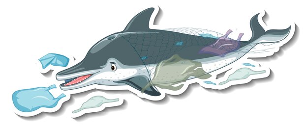 Dolphin stuck in plastic net on white background