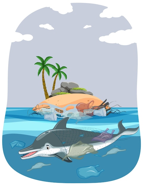 Free vector dolphin swimming through plasticinfested waters