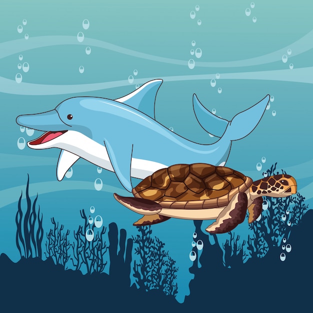 Vettore gratuito delfino e tartaruga nuotano insieme