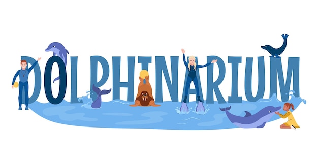 Dolphinarium aquarium text banner with performing animals flat vector illustration