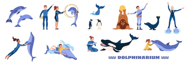 Dolphinarium은 흰색 배경 벡터 그림에 격리된 성능 동안 핸들러와 동물의 플랫 세트입니다.