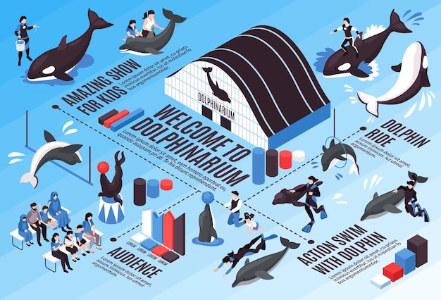 無料ベクター イルカの要素と一緒に泳ぐ素晴らしいショーオーディエンスのイルカライドアクションを備えたイルカ水族館の等尺性インフォグラフィックスキーム
