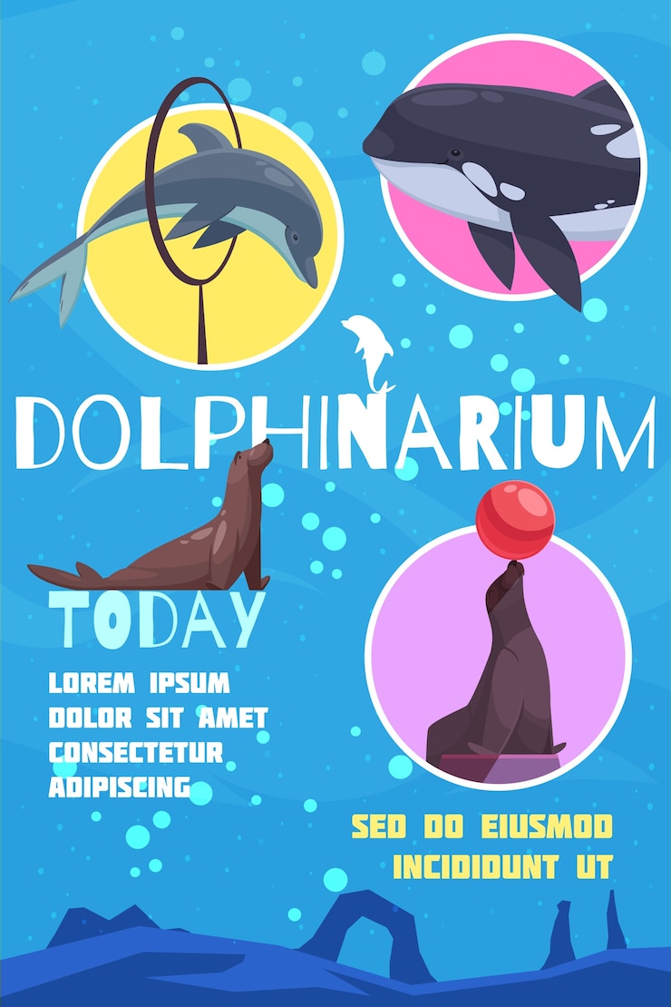 Free Vector dolphinarium poster with flat images of cetacean fishes with editable text captions and underwater