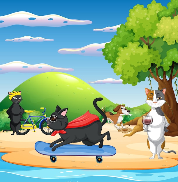 Free vector domestic animals cartoon character on the beach