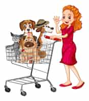 Free vector domestic dogs in shopping cart and a woman