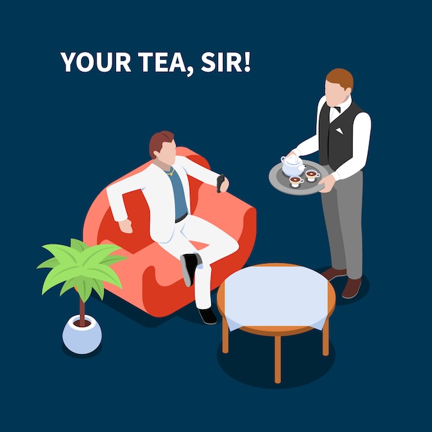 Free vector domestic staff serving tea isometric scene