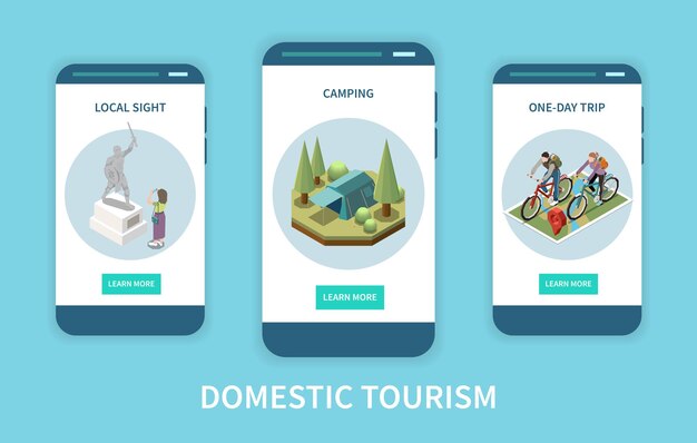 Domestic tourism vertical isometric app screens set with local sight campsite and people taking bike trip