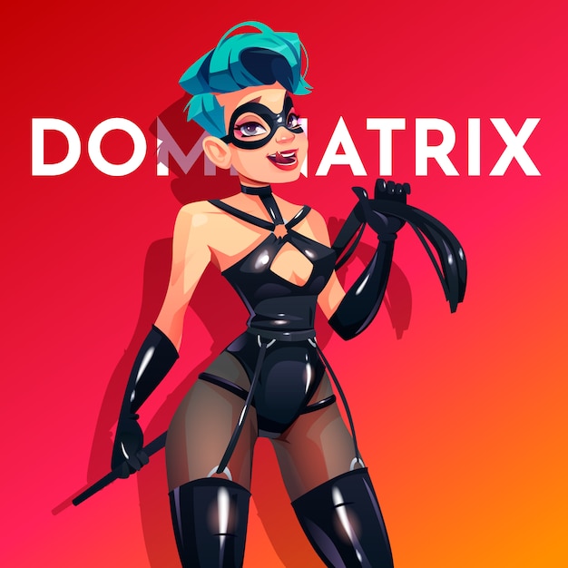 Free vector dominatrix woman character in bdsm latex costume lick lips.