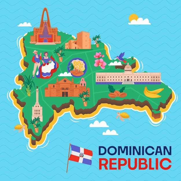 Free vector dominican republic blue background with green island map with landmarks flat cartoon vector illustration