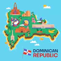 Free vector dominican republic blue background with green island map with landmarks flat cartoon vector illustration