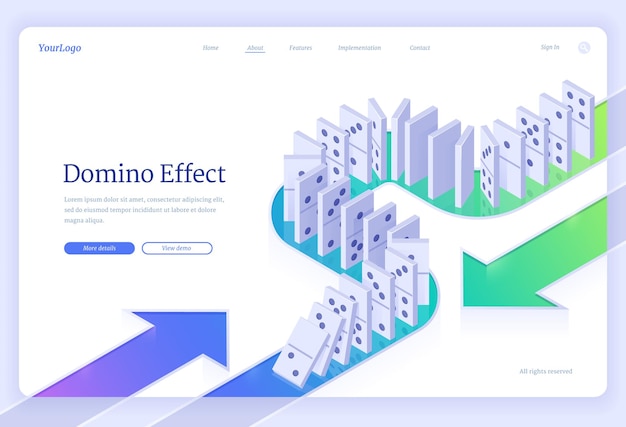 Domino effect isometric landing page with dominoes pieces row falling business crisis management finance intervention conflict prevention or mistake consequence concept