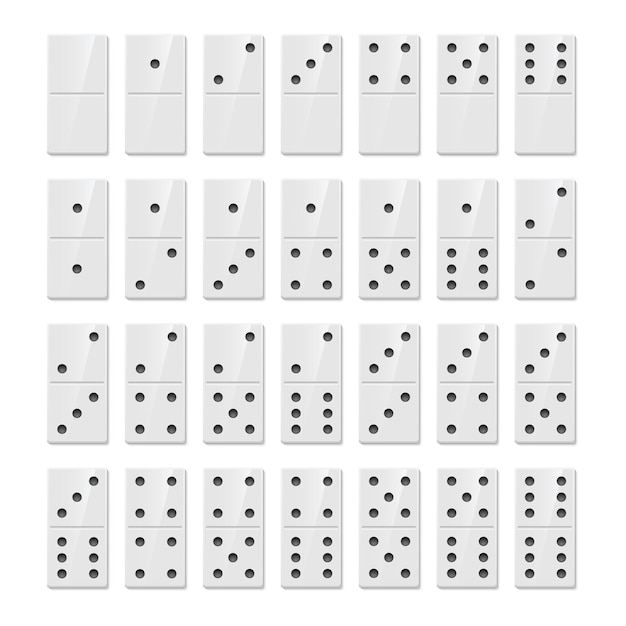 도미노 게임 조각 현실적인 삽화는 흰색 배경에 격리된 점이 있는 28개의 흰색 직사각형 너클을 설정합니다. 전통적인 엔터테인먼트 도박 레저