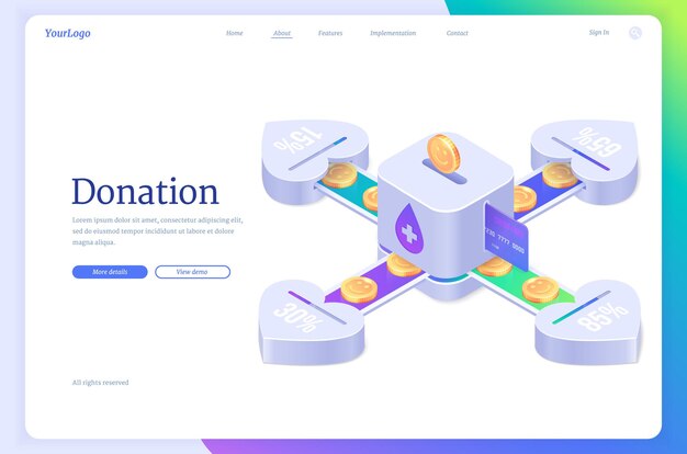 Donation isometric landing page. charity, volunteering and social help, coins fall into money box slot and divide between hearts for foundation aid needs. philanthropy assistance 3d vector web banner