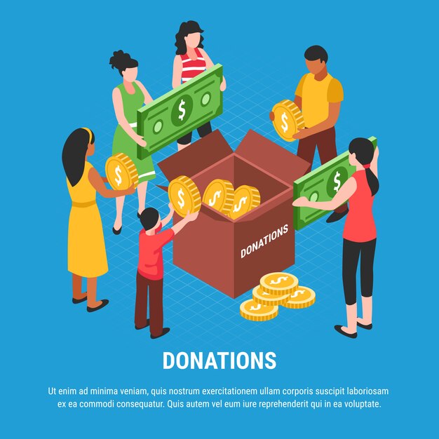 Пожертвования рекламы с людьми, положить монеты и счета в ящик для пожертвований изометрической векторная иллюстрация