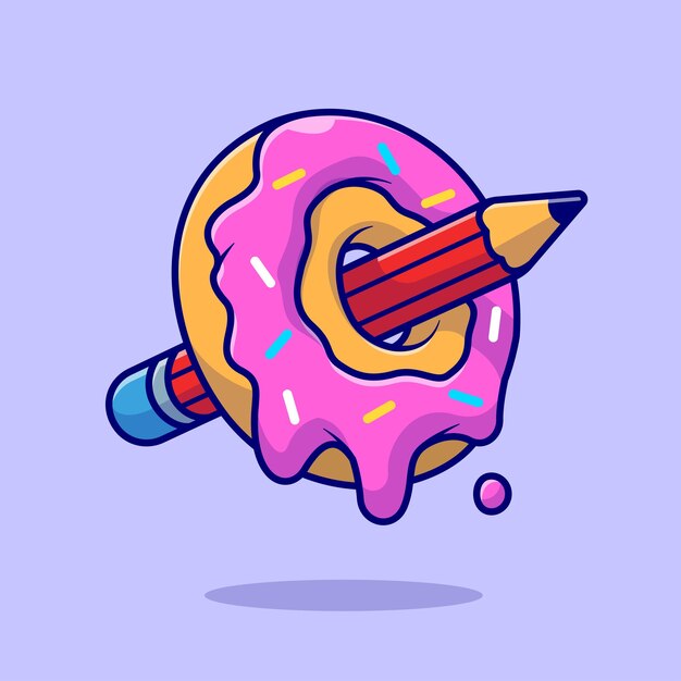 Donut And Pencil Cartoon Vector Icon Illustration Food Object Icon Concept Isolated Premium Vector