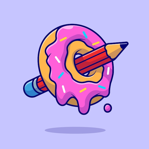 Donut And Pencil Cartoon Vector Icon Illustration Food Object Icon Concept Isolated Premium Vector