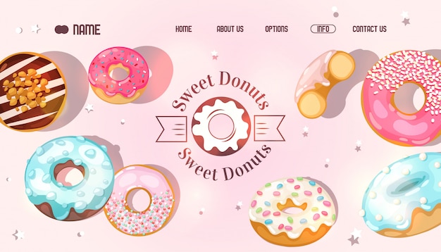 Donut website, bakery landing page , selection of sweet doughnuts Premium Vector