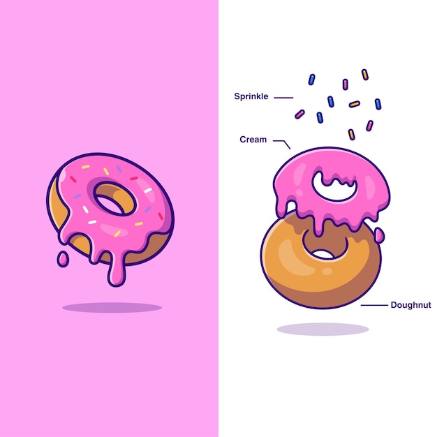 Бесплатное векторное изображение Пончик с ингредиентами мультфильм векторная икона иллюстрация концепция иконки пищевого объекта изолированная плоская