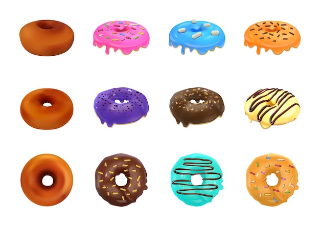 Donuts collection of colored glazed sweet pastries isolated on white background realistic vector illustration