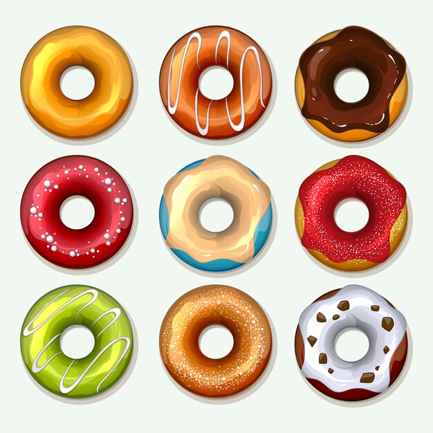 Donuts set in cartoon style. Sweet dessert, chocolate and sugar, breakfast snack, tasty bakery