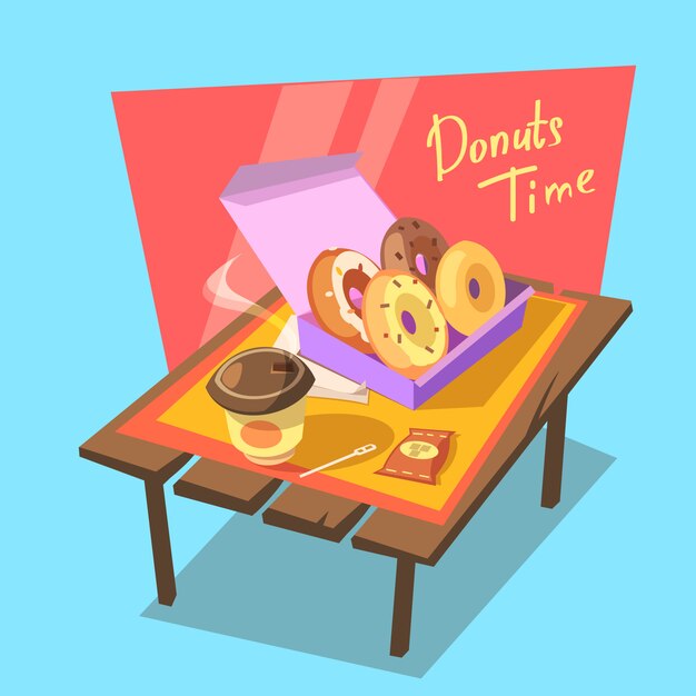 Donuts time concept with fresh bakery in paper box and drink cup retro cartoon