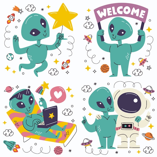 Free vector doodle alien stickers collection