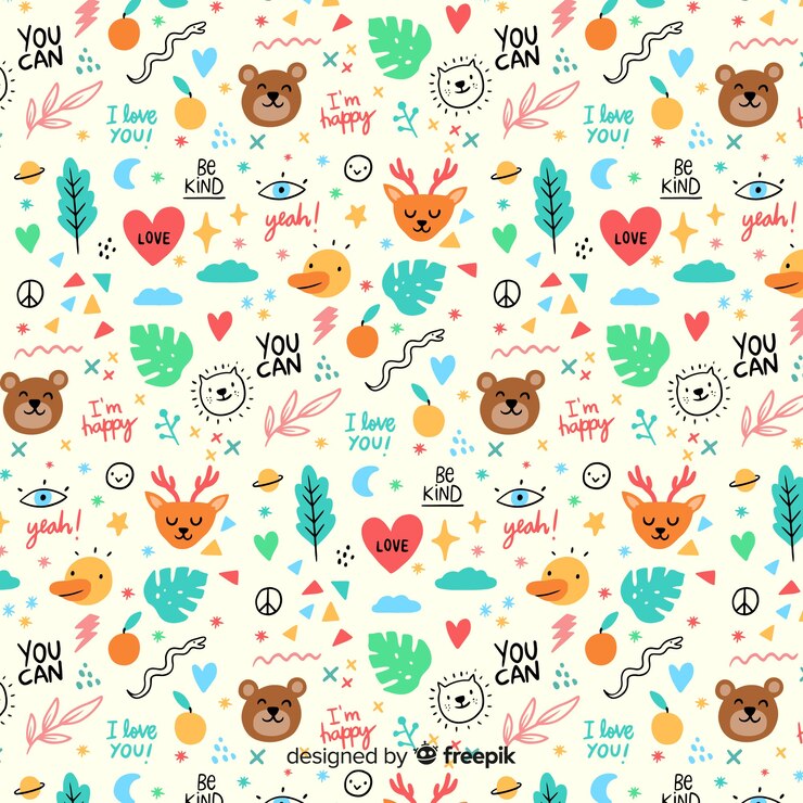 Free Vector doodle animals and words pattern