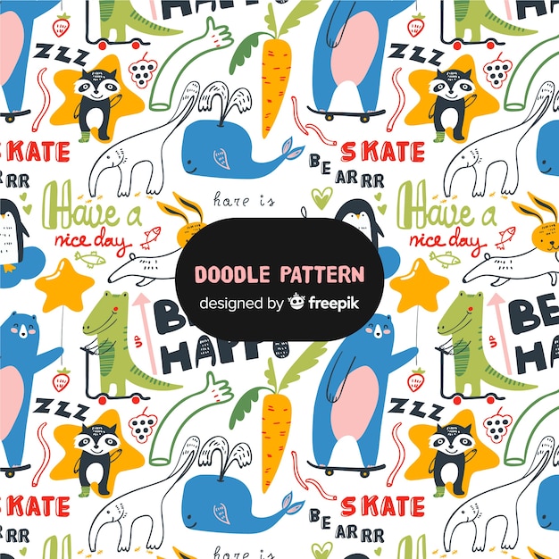 Free vector doodle animals and words pattern